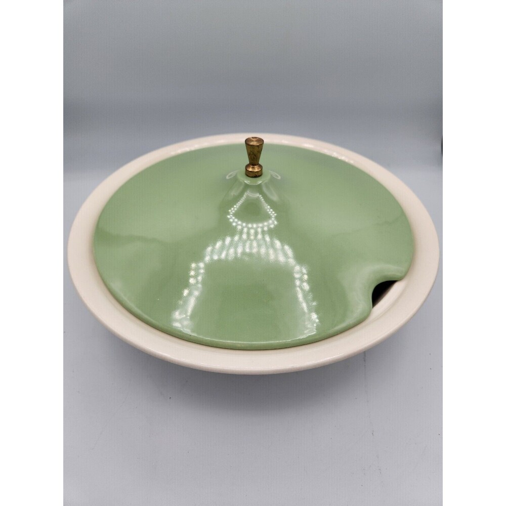 Vintage MCM Tureen Ceramic Green Lid Metal Handle No Spoon Seafoam